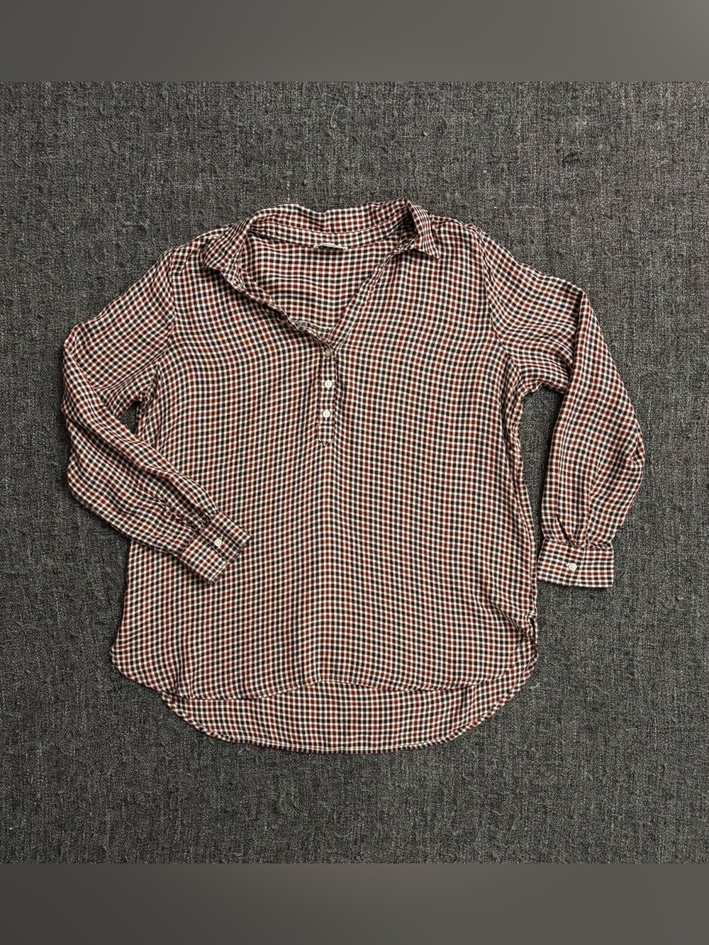 Sz L LOFT Outlet Plaid Rayon Popover Blouse Burgundy Navy Cream - Picture 3 of 6